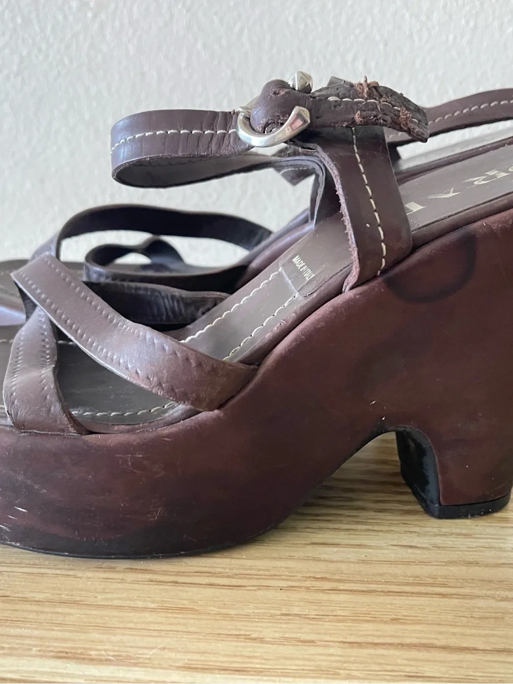 PRADA Brown Leather Strappy Ankle-Buckle Sandals